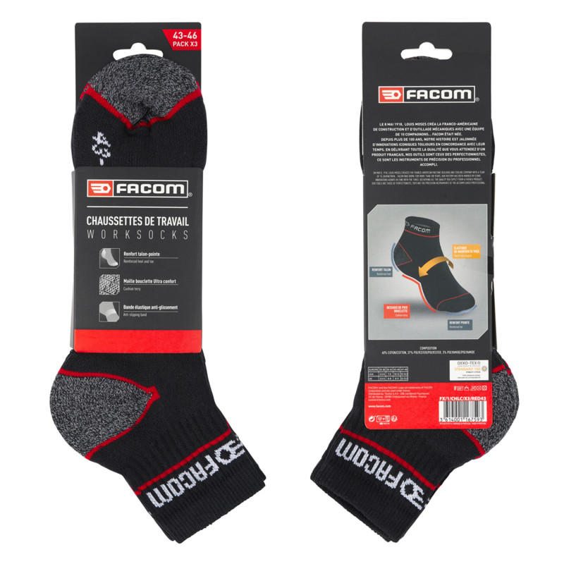 Pack De 3 Paires De Chaussettes De Travail Confortables - 70% Coton - Tailles 39-49 - Noir Et Gris - Toutes Saisons