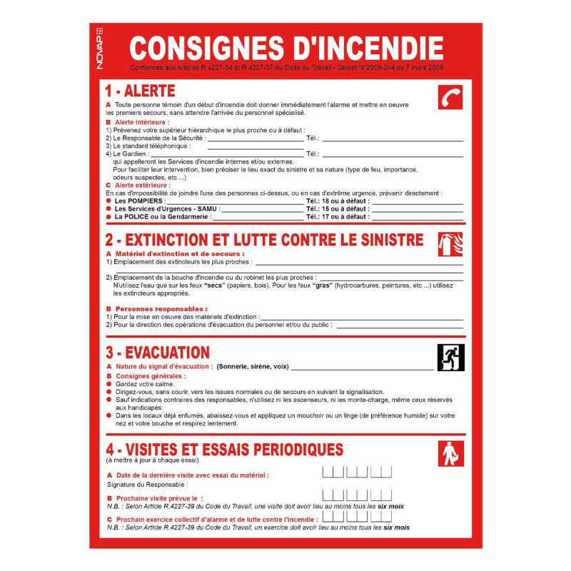 Panneau rigide consignes de sécurité d'incendie Novap